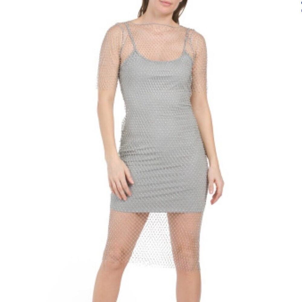 NWT ENDLESS ROSE Crochet Beaded Net Overlay Illusion Slip Dress Silver Lg Glam